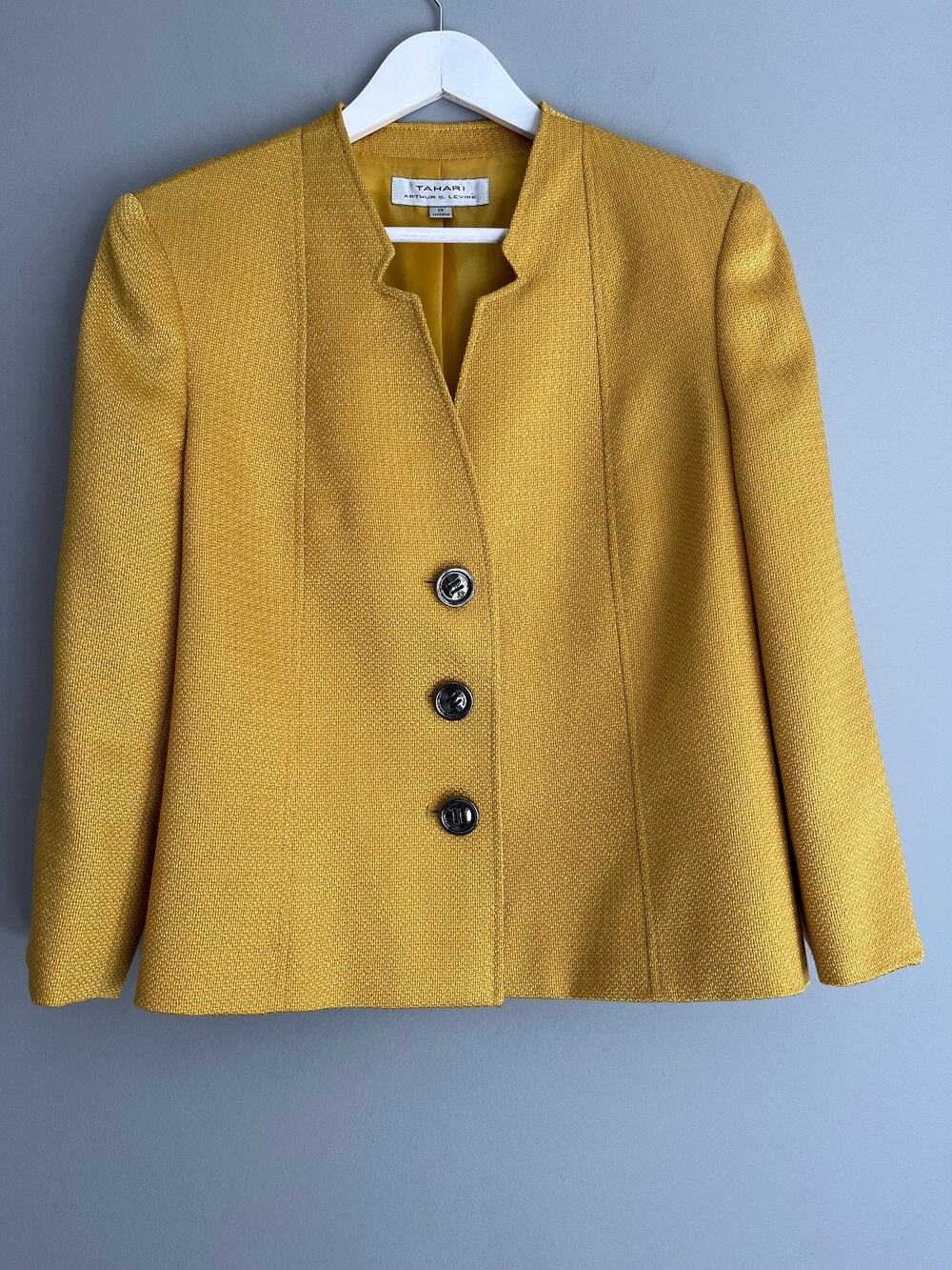 Tahari Arthur S. Levine Mustard Yellow Textured Blazer Jacket Size 14 Preppy Mod